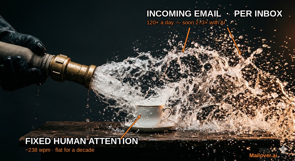 A firehose of incoming email blasting a tiny teacup that represents fixed human attention